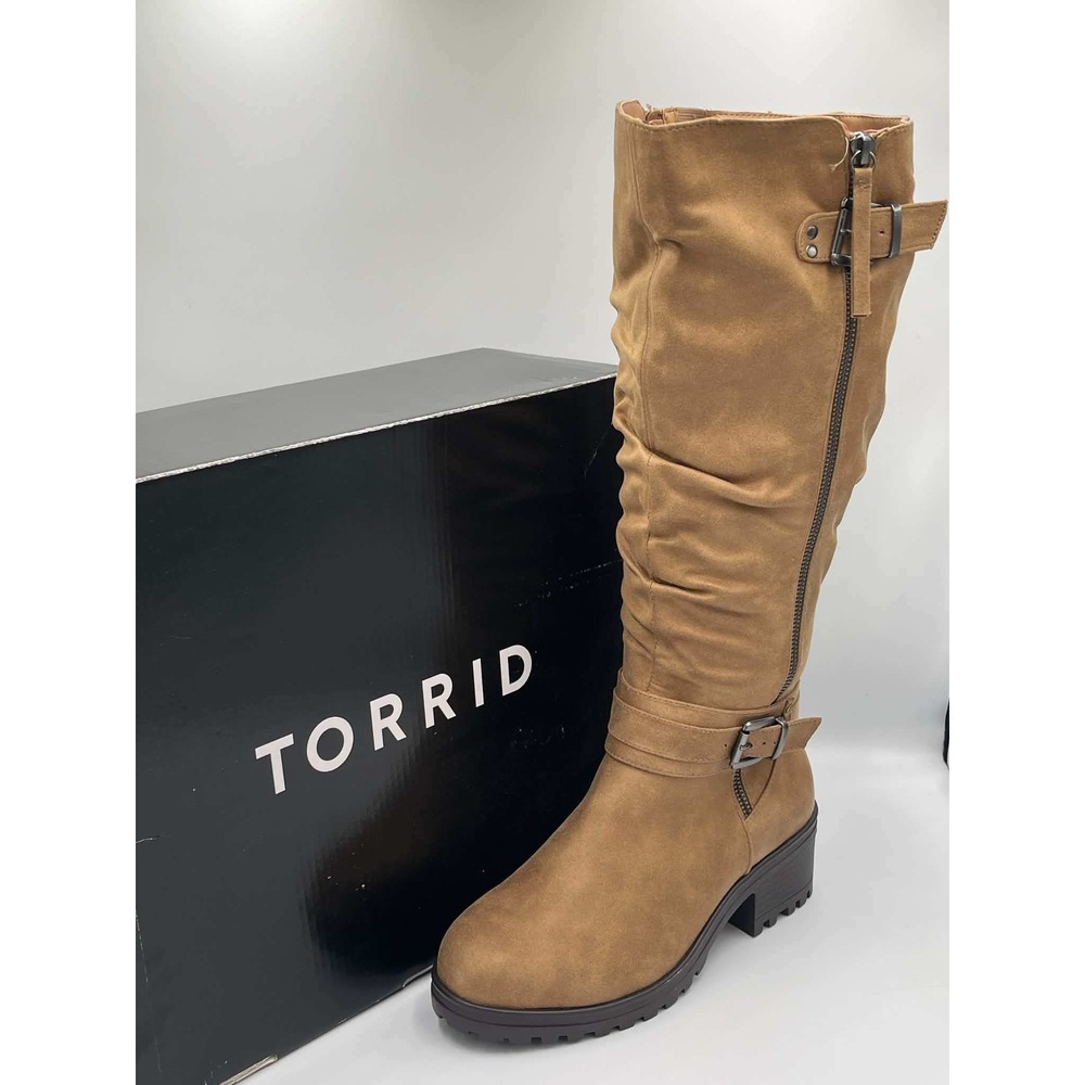 Torrid Womens Tan PU Low Heel Slouchy Knee High Boots Buckle Detail Size 8